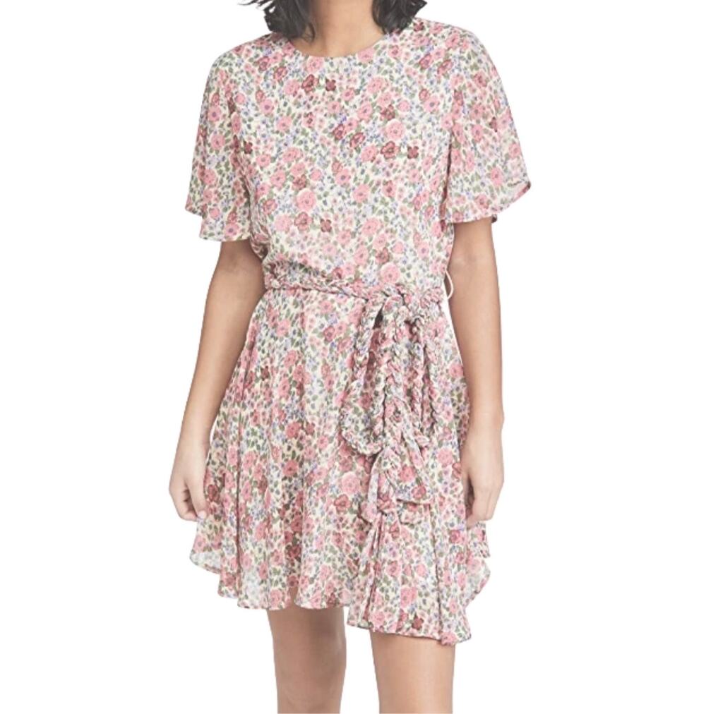 ENGLISH FACTORY Floral Mini Dress with Braided Belt Pink Multi Flutter Sleeve